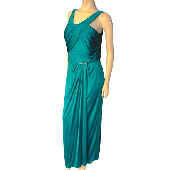 David Meister Teal Haute Couture Draped Gown - Picture 1 of 11